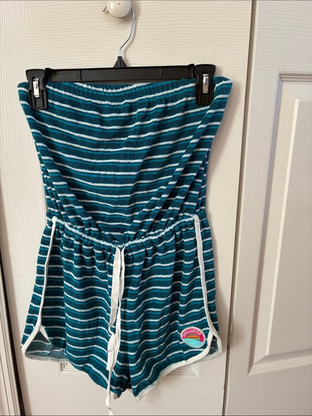 Hollister Teal and White Striped Strapless Terry-Cloth One-Piece Romper